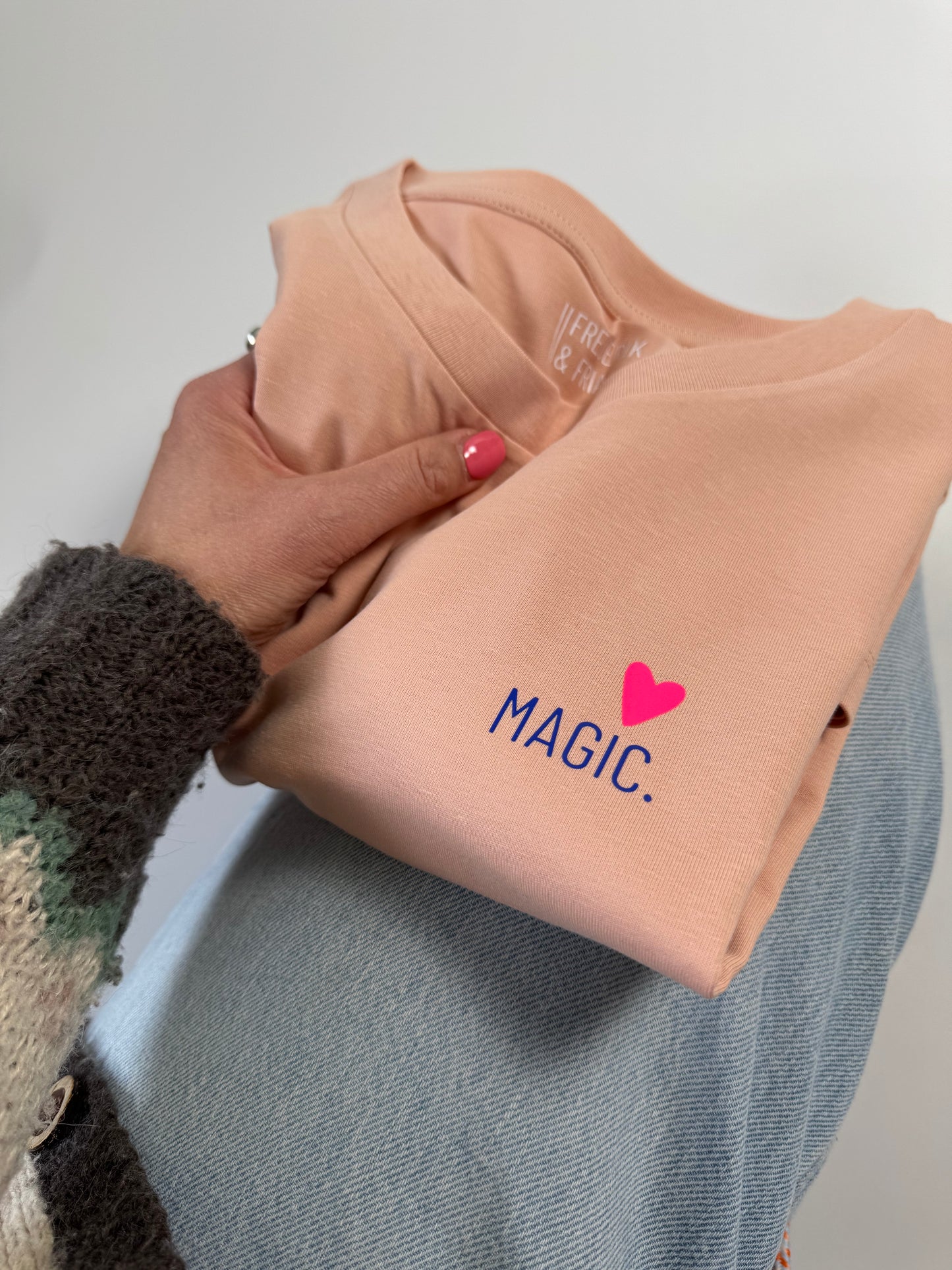 Longsleeve, Frauen ‚Magic‘ Apricot / Blau, Neon Pink