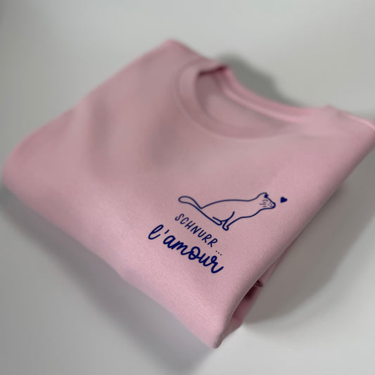 Sweatshirt Unisex Katze Schnurr l‘amour (B), Rosa / Blau