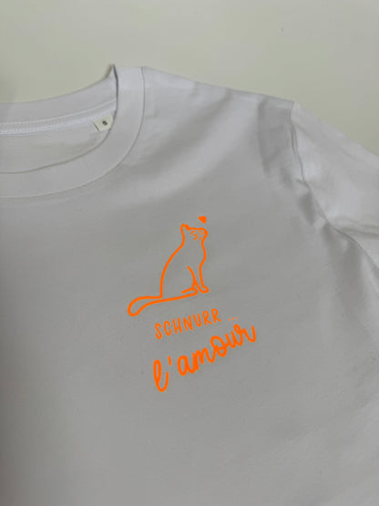 T-Shirt Unisex Katze Schnurr l‘amour, Weiß / Neon Orange