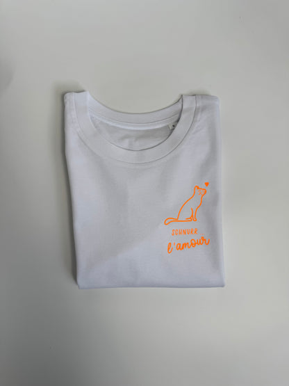 T-Shirt Unisex Katze Schnurr l‘amour, Weiß / Neon Orange