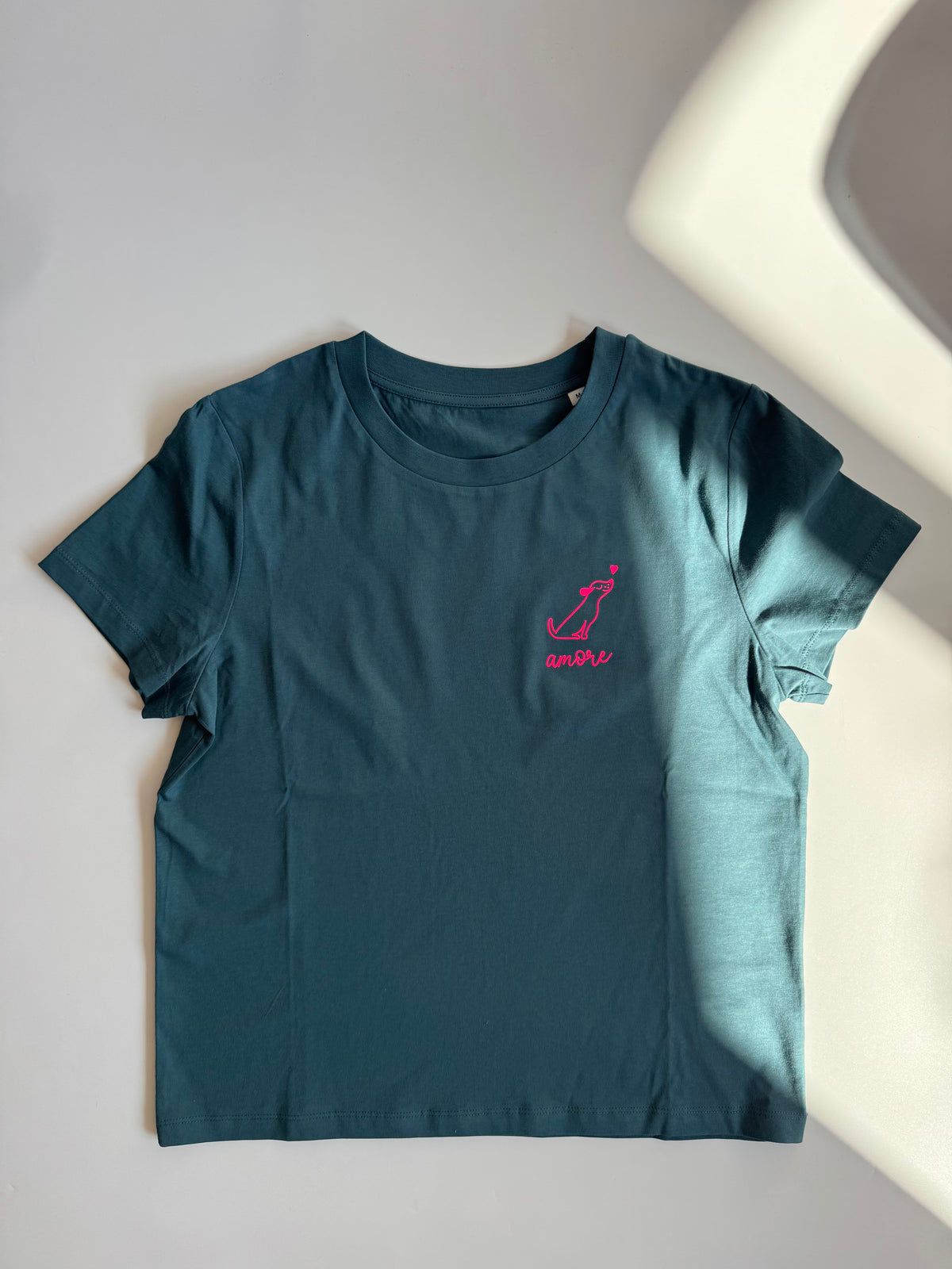 T-Shirt Frauen Hund Amore: Petrol / Neon Pink