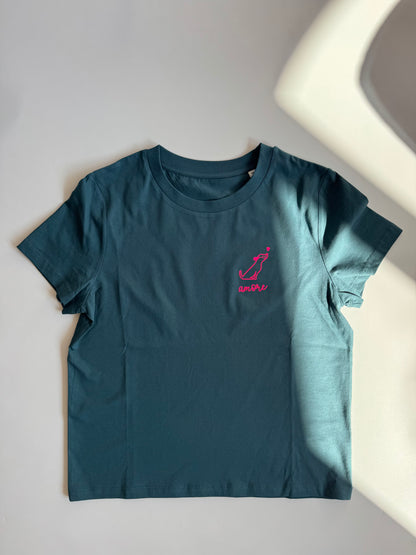 T-Shirt Frauen Hund Amore: Petrol / Neon Pink
