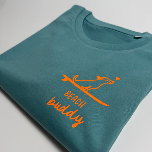 T-Shirt Unisex ‚Beach Buddy‘, Ocean Blue / Neon Orange