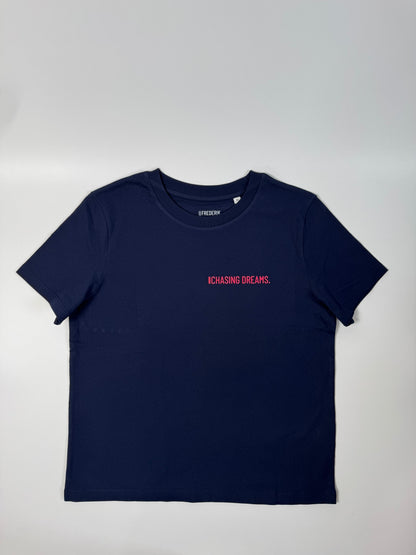 T-Shirt, Frauen, ‚Chasing Dreams‘, Navy / Neon Pink
