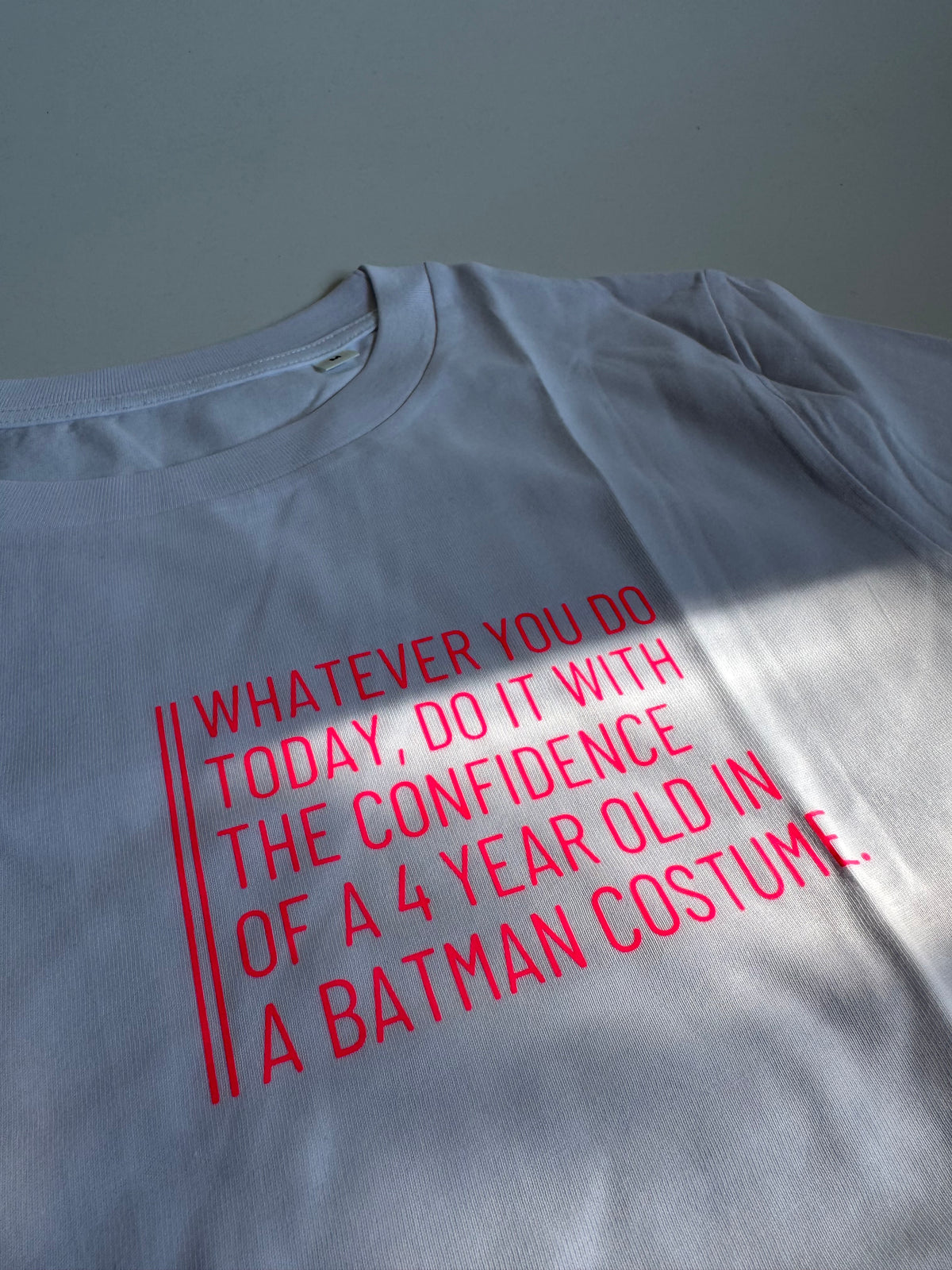 T-shirt, women's, 'Whatever you do today....', burgundy / neon pink