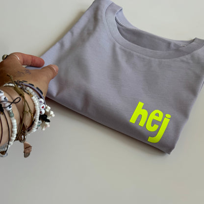 T-Shirt Frauen, ‚hej': Lila / Neon Gelb