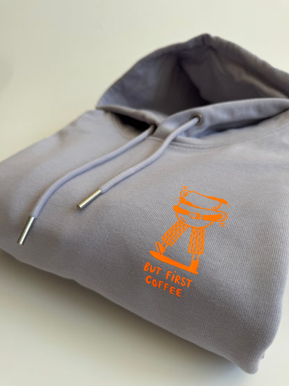 Hoodie Unisex 'But first coffee': Lila / Neon Orange