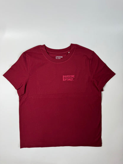 T-Shirt, Frauen, ‚Hardcore Optimist.‘, Burgundy / Neon Pink
