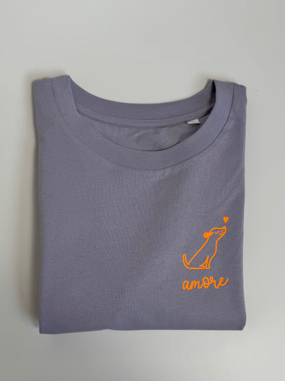 T-Shirt Frauen Hund Amore: Lila / Neon Orange
