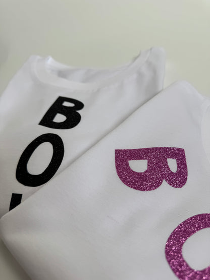 T-Shirt Unisex, BOLD, Weiß / Schwarz Glitzer, Lila Glitzer