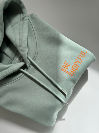 Hoodie Unisex 'Be hopeful.': Aloe / Neon Orange