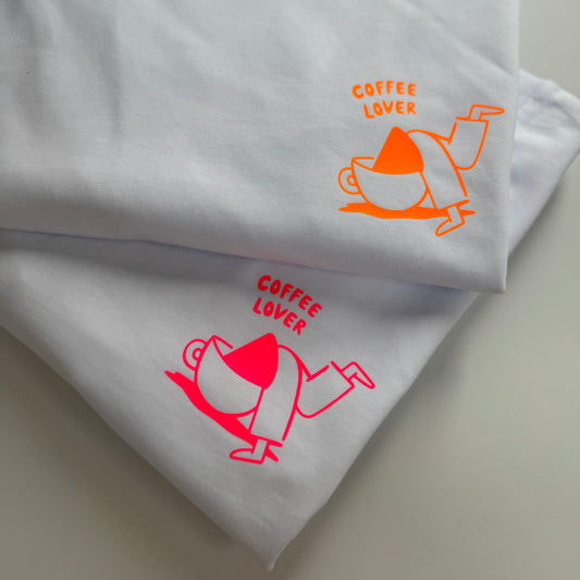 T-Shirt, Frauen, Coffee Lover, Weiß / Neon Pink, Neon Orange