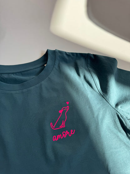 T-Shirt Frauen Hund Amore: Petrol / Neon Pink