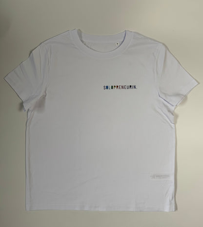 T-Shirt Frauen ‚Solopreneurin’, Weiß / Regenbogen