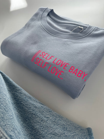 Sweatshirt ‚Self love baby, self love.‘ (B), Serene Blue / Neon Pink