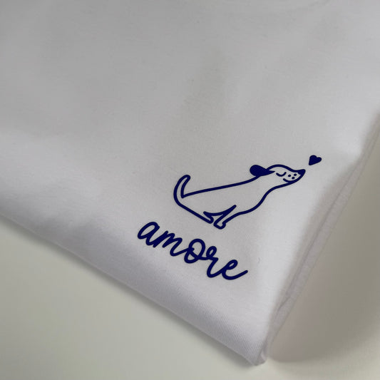 T-Shirt Unisex Hund Amore (B), Weiß / Blau