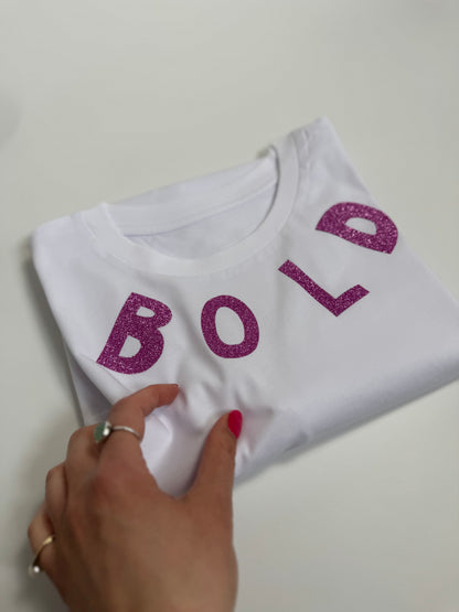 T-Shirt Unisex, BOLD, Weiß / Schwarz Glitzer, Lila Glitzer
