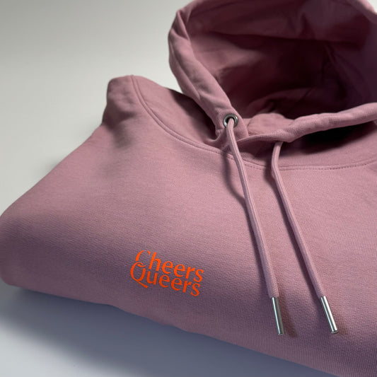 Hoodie Unisex, ‚Cheers Queers‘, Flieder / Neon Orange