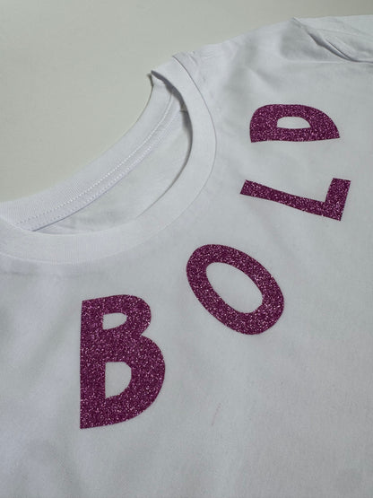 T-Shirt Unisex, BOLD, Weiß / Schwarz Glitzer, Lila Glitzer