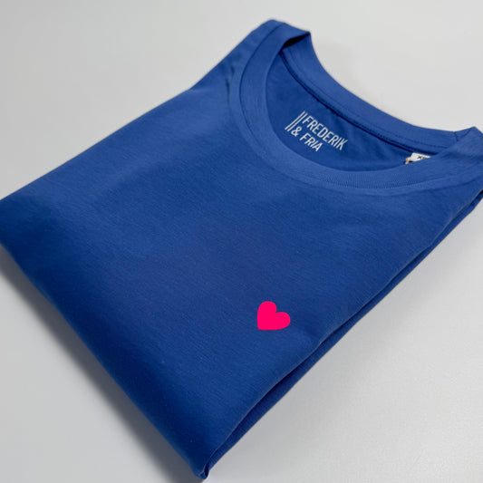 T-Shirt Unisex, Herzdruck, Blau / Neon Pink