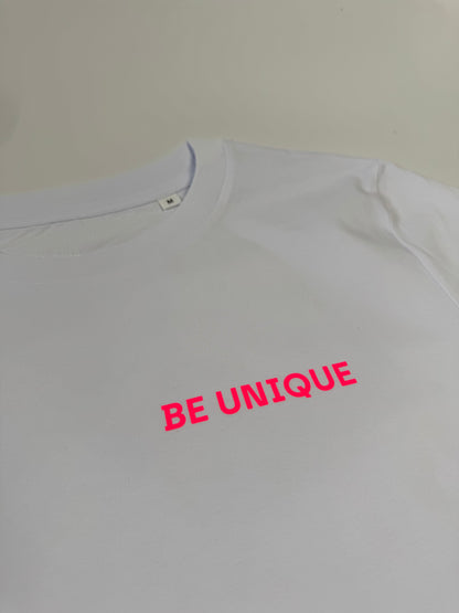 T-Shirt Frauen ‚Be unique’, Weiß / Neon Pink