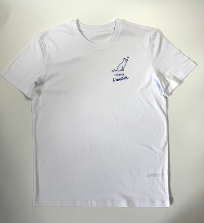 T-Shirt Unisex Katze Schnurr l‘amour (B), Weiß / Blau