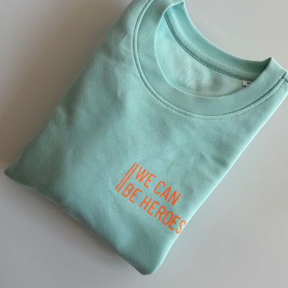 Reduzierte B-Ware: Sweatshirt Unisex ‚We can be heroes': Caribean Blue / Neon Orange, Größe M
