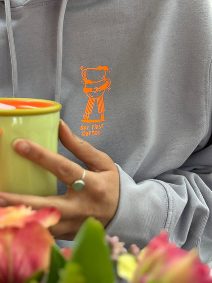 Hoodie Unisex 'But first coffee': Lila / Neon Orange