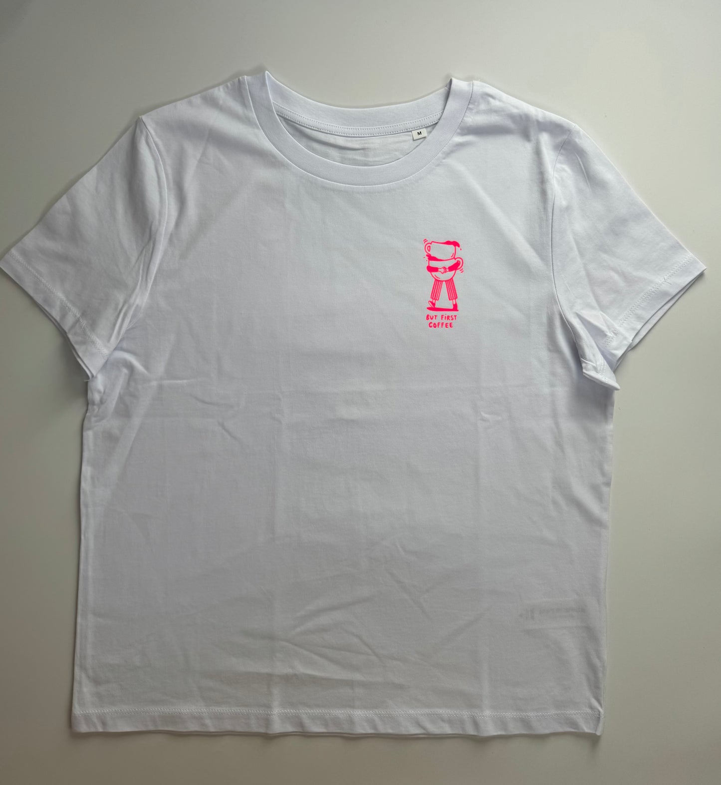 T-Shirt, Frauen, But first coffee, Weiß / Neon Pink, Neon Orange