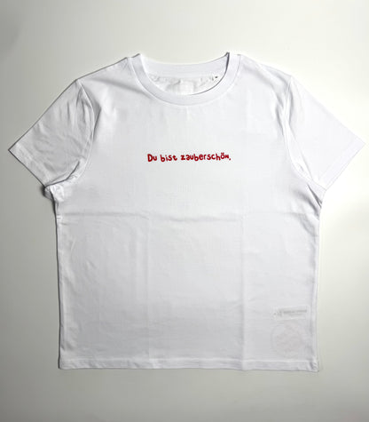 T-Shirt Frauen, Rundhals, Frau Zauberschön, Weiß / Rot
