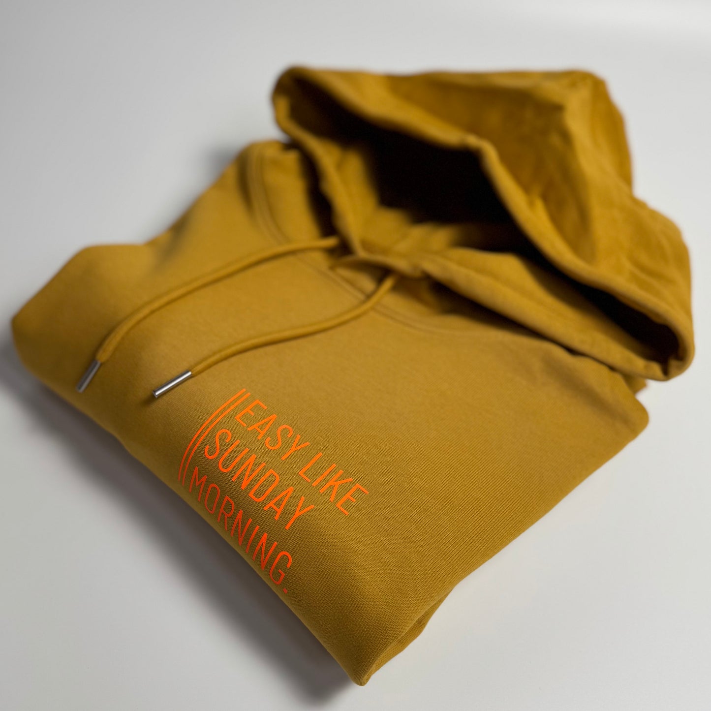 Hoodie Unisex, ‚Easy like Sunday morning.‘, Senf / Neon Orange
