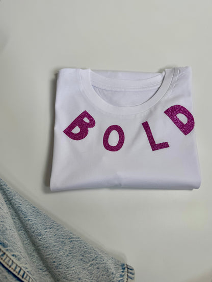 T-Shirt Unisex, BOLD, Weiß / Schwarz Glitzer, Lila Glitzer