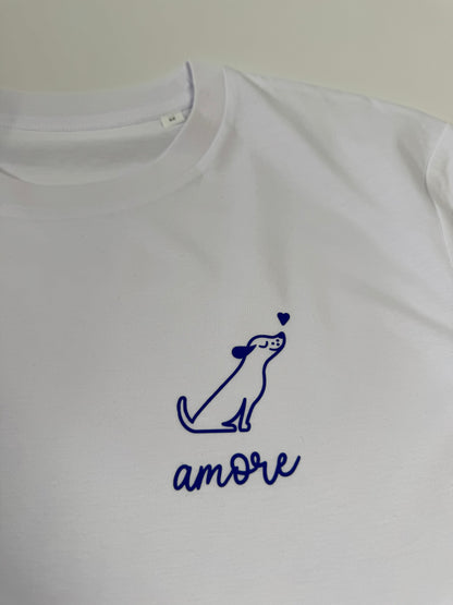 T-Shirt Unisex Hund Amore (B), Weiß / Blau