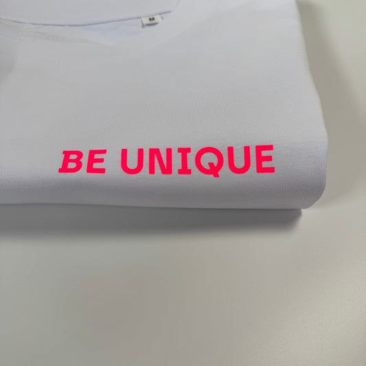 T-Shirt Frauen ‚Be unique’, Weiß / Neon Pink