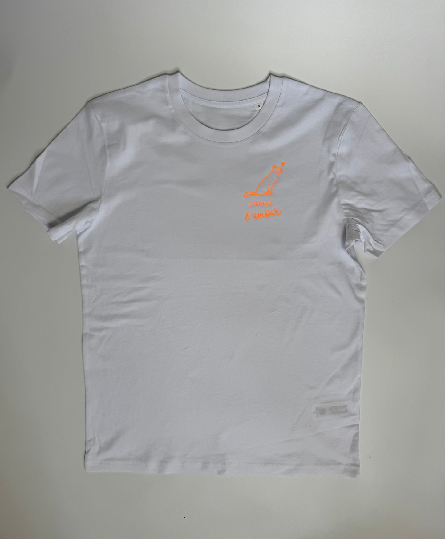 T-Shirt Unisex Katze Schnurr l‘amour, Weiß / Neon Orange