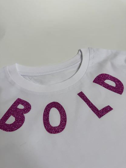 T-Shirt Unisex, BOLD, Weiß / Schwarz Glitzer, Lila Glitzer