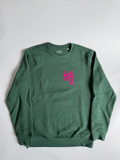 Sweatshirt Unisex 'hej': Bottle Green / Neon Pink
