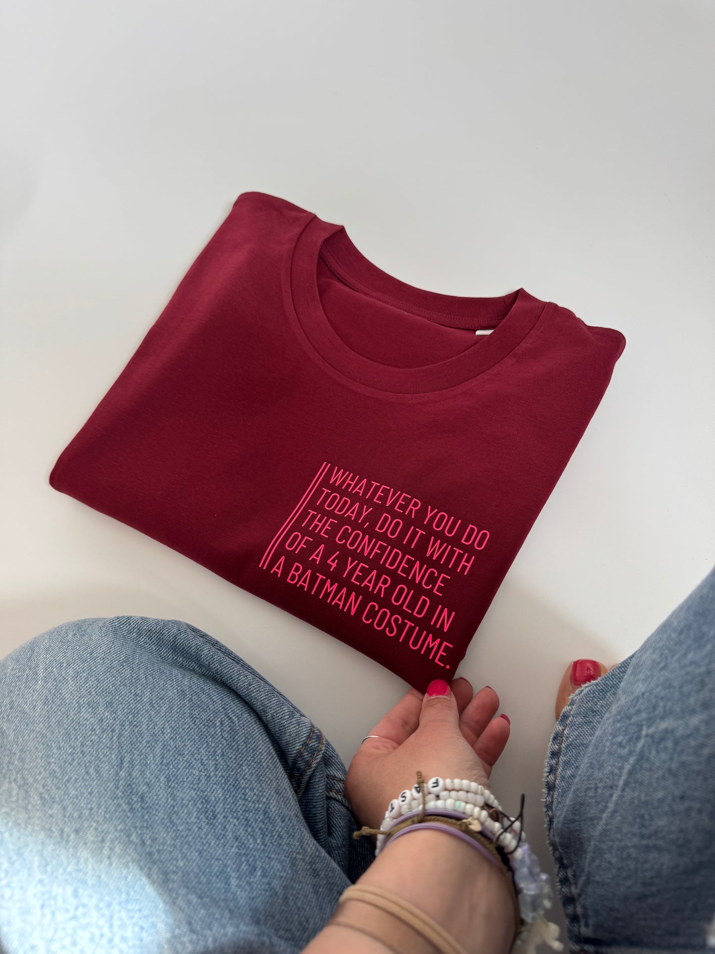 T-Shirt, Frauen, 'Whatever you do today....‘, Burgundy / Neon Pink