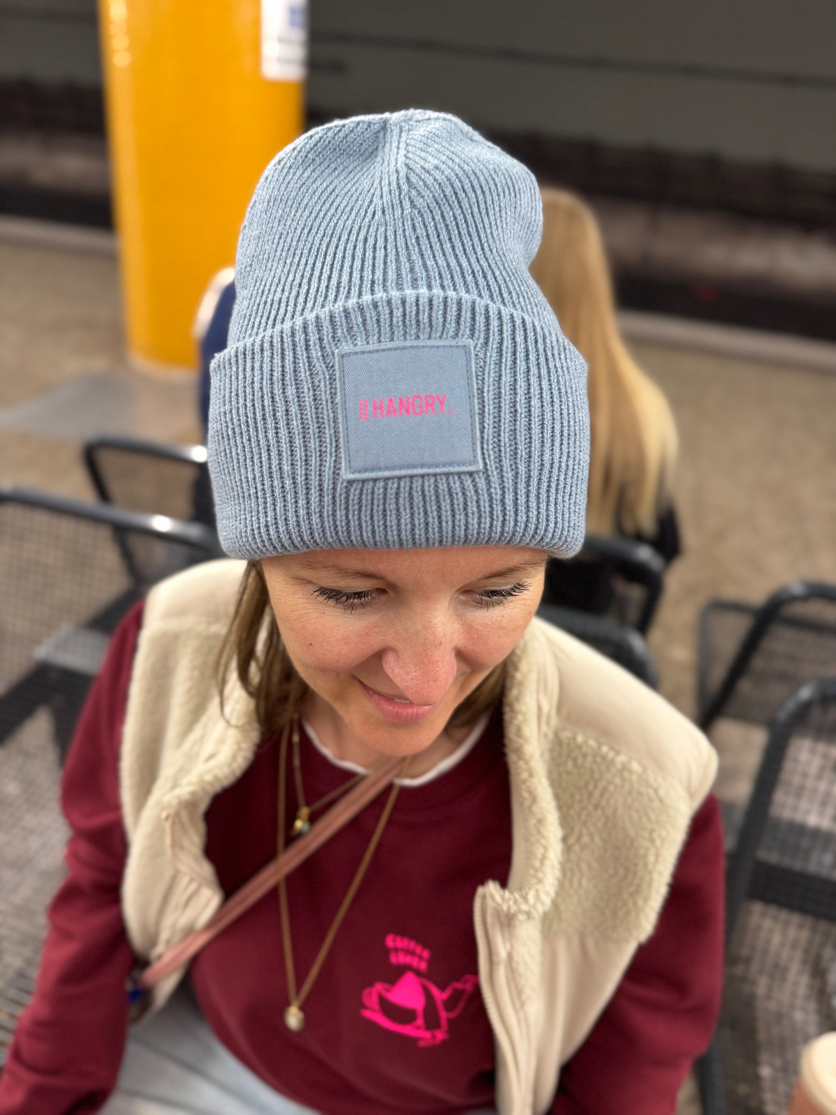 Mütze, 'Hangry.', blau / neon pink