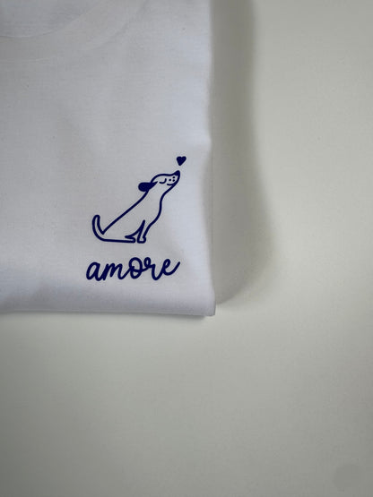 T-Shirt Unisex Hund Amore (B), Weiß / Blau