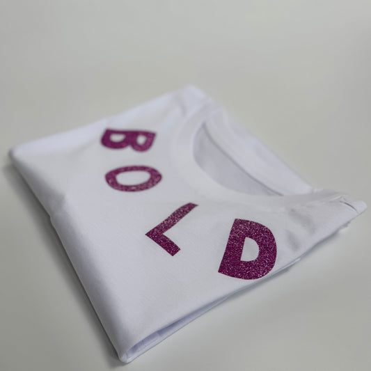 T-Shirt Unisex, BOLD, Weiß / Schwarz Glitzer, Lila Glitzer