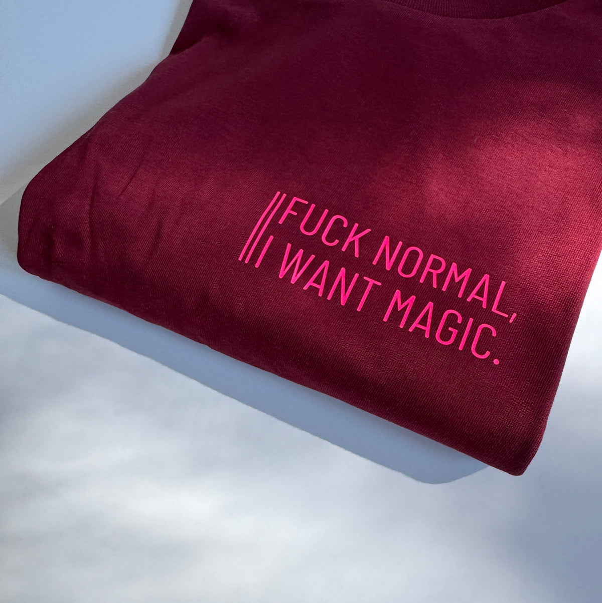 T-shirt, women's, 'Whatever you do today....', burgundy / neon pink