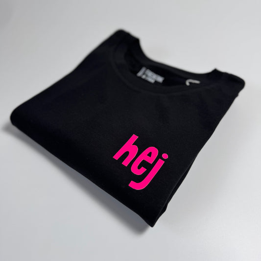 T-Shirt Unisex, ‚hej’, Schwarz / Neon Pink