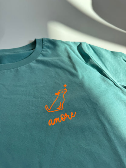 T-Shirt Unisex, Hund Amore, Ocean Blue / Neon Orange