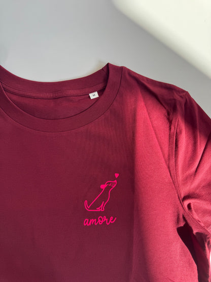 T-Shirt, Frauen, Hund Amore, Burgundy / Neon Pink