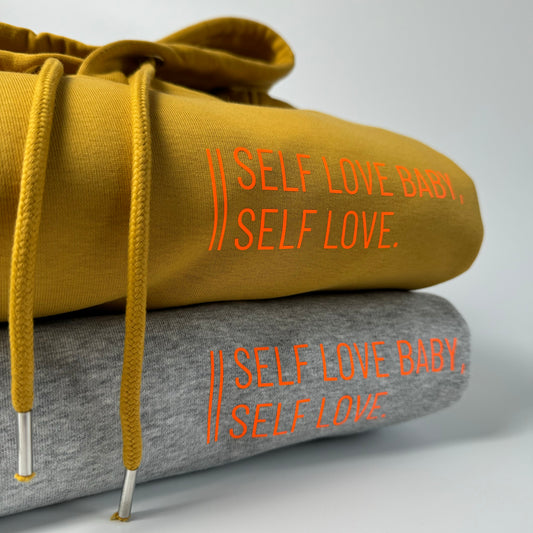 Hoodie Unisex 'Self love baby, self love.': Heather Grey, Senf / Neon Orange