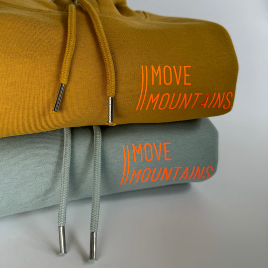 Hoodie Unisex 'Move Mountains.': Senf, Aloe / Neon Orange