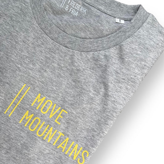 T-Shirt Unisex 'Move Mountains.': grau / gelb