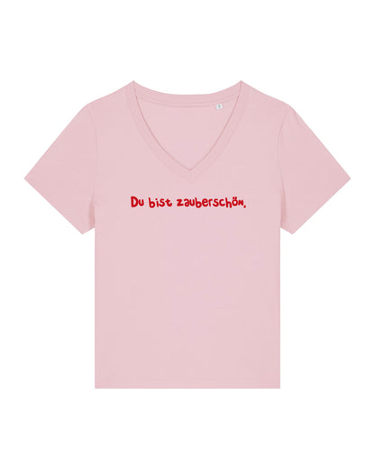 T-Shirt Frauen, V-Ausschnitt, Frau Zauberschön, Rosa / Rot