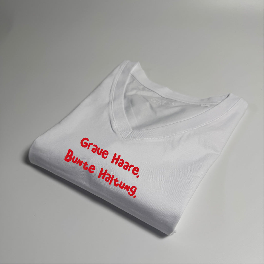 T-Shirt Frauen, V-Ausschnitt, Frau Zauberschön, Weiß / Rot